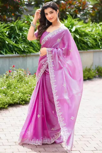 Light pink embroidered shimmer chiffon bollywood saree with blouse
