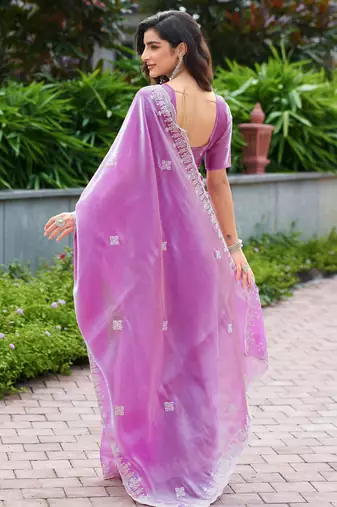 Light pink embroidered shimmer chiffon bollywood saree with blouse