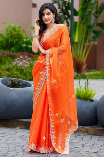 Orange embroidered shimmer chiffon bollywood saree with blouse