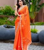 Orange embroidered shimmer chiffon bollywood saree with blouse