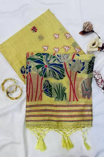 Yellow Color elephant and floral type rich weaving pallu  Work Cotton Saree