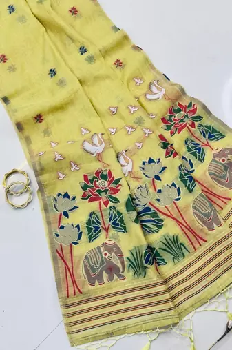 Yellow Color elephant and floral type rich weaving pallu  Work Cotton Saree
