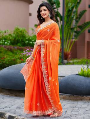Orange embroidered shimmer chiffon bollywood saree with blouse 2