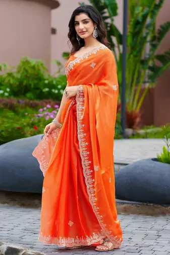Orange embroidered shimmer chiffon bollywood saree with blouse