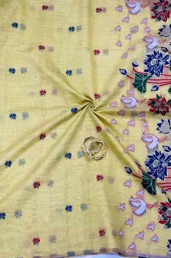 Yellow Color elephant and floral type rich weaving pallu  Work Cotton Saree