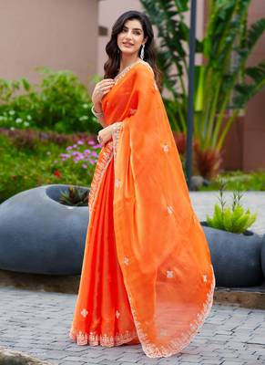 Orange embroidered shimmer chiffon bollywood saree with blouse 3