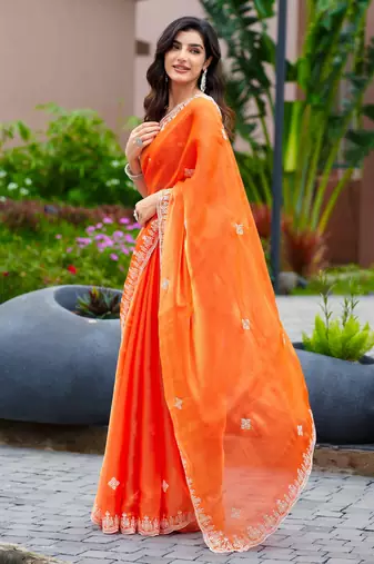 Orange embroidered shimmer chiffon bollywood saree with blouse