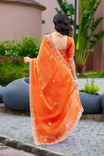 Orange embroidered shimmer chiffon bollywood saree with blouse