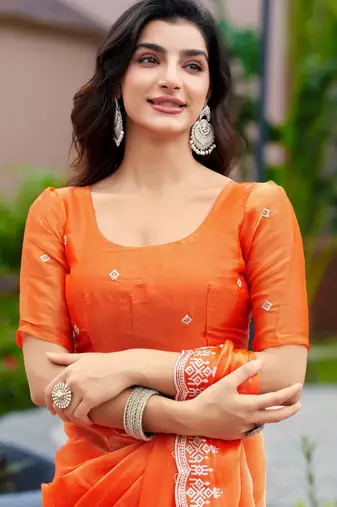 Orange embroidered shimmer chiffon bollywood saree with blouse