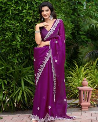 Purple embroidered shimmer chiffon bollywood saree with blouse 2