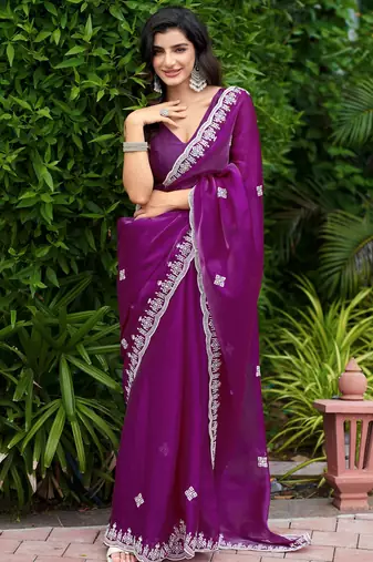 Purple embroidered shimmer chiffon bollywood saree with blouse