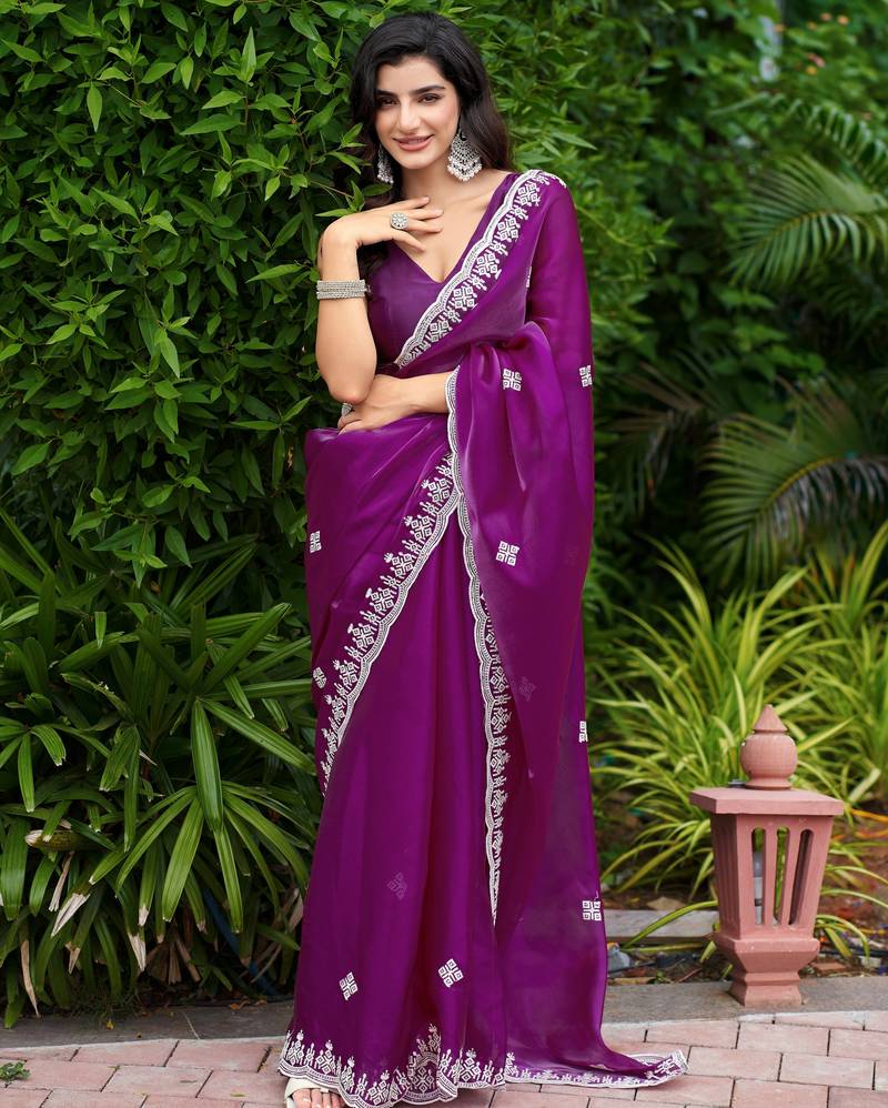 Purple embroidered shimmer chiffon bollywood saree with blouse