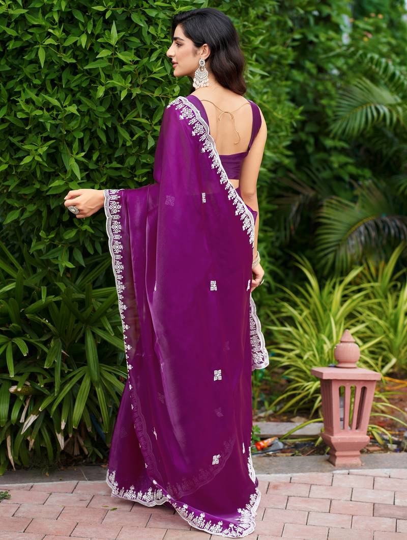 Purple embroidered shimmer chiffon bollywood saree with blouse