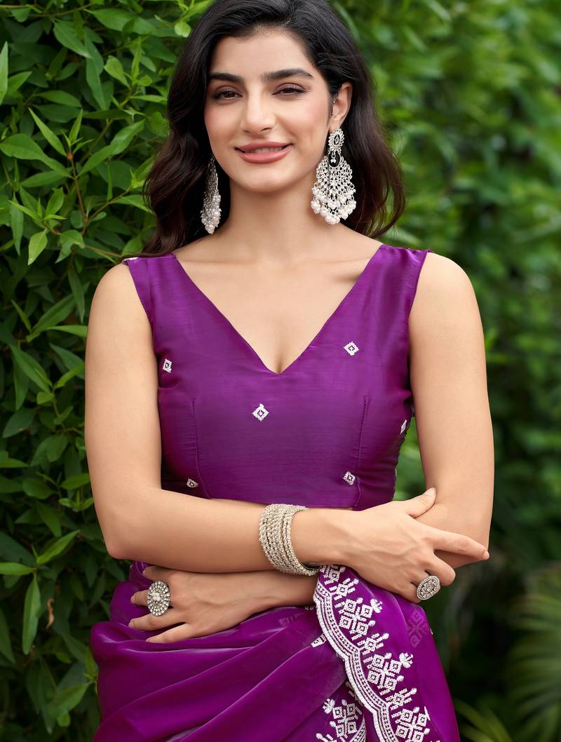 Purple embroidered shimmer chiffon bollywood saree with blouse