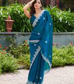 Teal blue embroidered shimmer chiffon bollywood saree with blouse