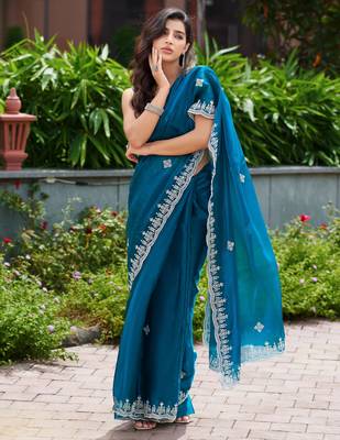 Teal blue embroidered shimmer chiffon bollywood saree with blouse 2