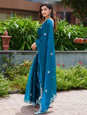 Teal blue embroidered shimmer chiffon bollywood saree with blouse 4
