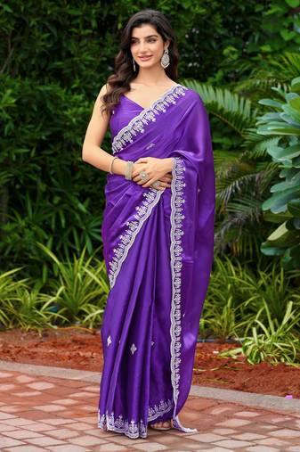 Violet embroidered shimmer chiffon bollywood saree with blouse