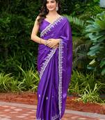 Violet embroidered shimmer chiffon bollywood saree with blouse