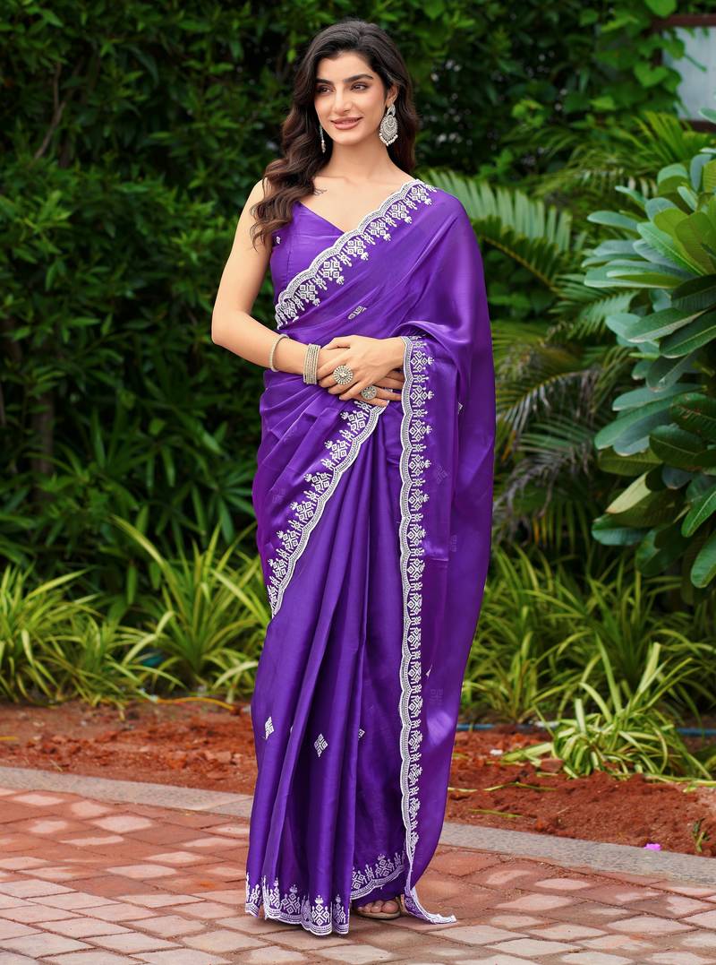 Violet embroidered shimmer chiffon bollywood saree with blouse