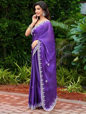 Violet embroidered shimmer chiffon bollywood saree with blouse 3