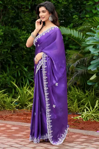 Violet embroidered shimmer chiffon bollywood saree with blouse