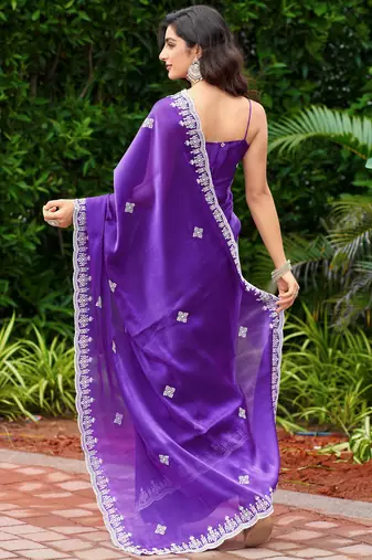 Violet embroidered shimmer chiffon bollywood saree with blouse