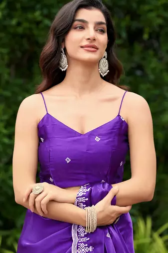 Violet embroidered shimmer chiffon bollywood saree with blouse