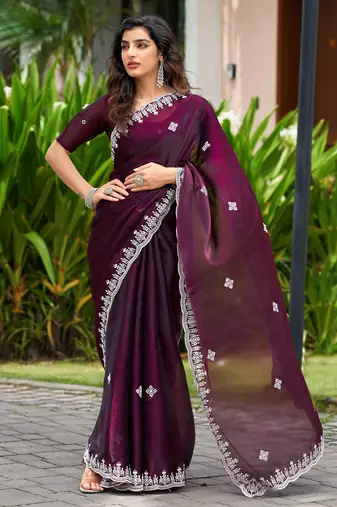 Wine embroidered shimmer chiffon bollywood saree with blouse
