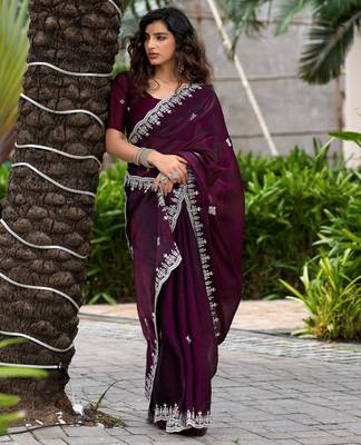 Wine embroidered shimmer chiffon bollywood saree with blouse 2