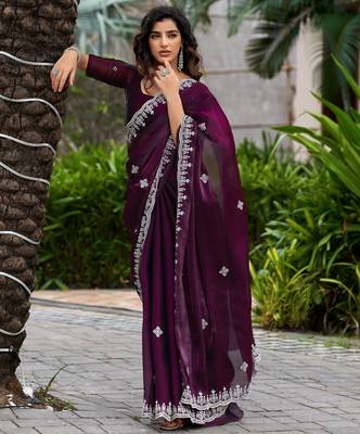 Wine embroidered shimmer chiffon bollywood saree with blouse 3