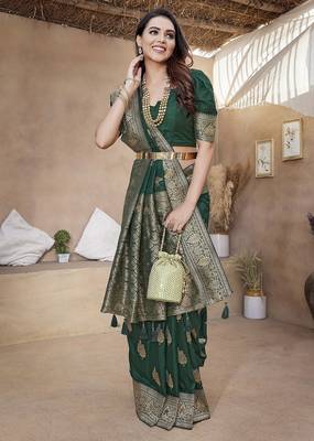 Green woven self design pure paithani silk saree with blouse 2