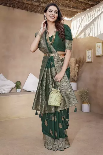 Green woven self design pure paithani silk saree with blouse