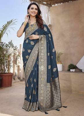 Teal blue woven self design pure paithani silk saree with blouse 1
