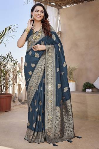 Teal blue woven self design pure paithani silk saree with blouse