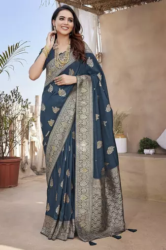 Teal blue woven self design pure paithani silk saree with blouse