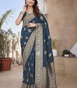 Teal blue woven self design pure paithani silk saree with blouse
