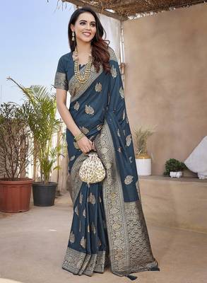 Teal blue woven self design pure paithani silk saree with blouse 2