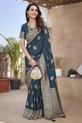 Teal blue woven self design pure paithani silk saree with blouse