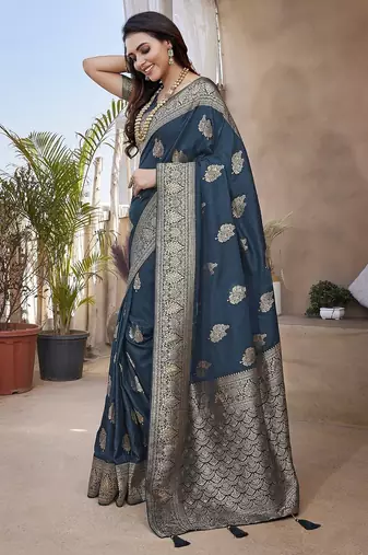 Teal blue woven self design pure paithani silk saree with blouse