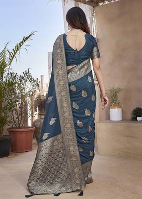 Teal blue woven self design pure paithani silk saree with blouse 4