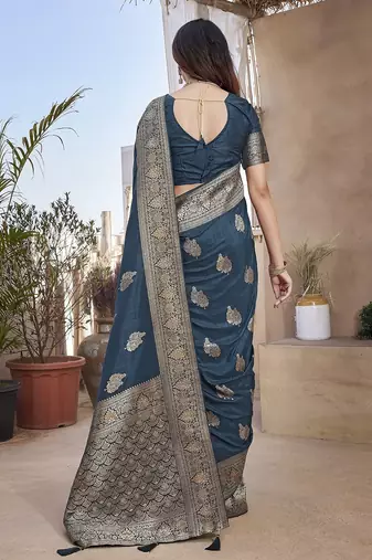 Teal blue woven self design pure paithani silk saree with blouse