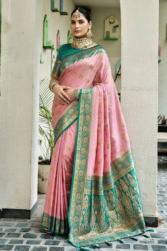 Baby pink floral print silk blend paithani saree with blouse