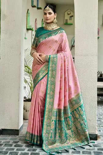 Baby pink floral print silk blend paithani saree with blouse