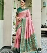 Baby pink floral print silk blend paithani saree with blouse