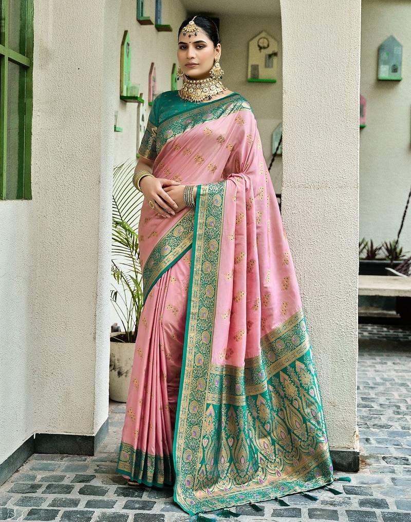 Baby pink floral print silk blend paithani saree with blouse