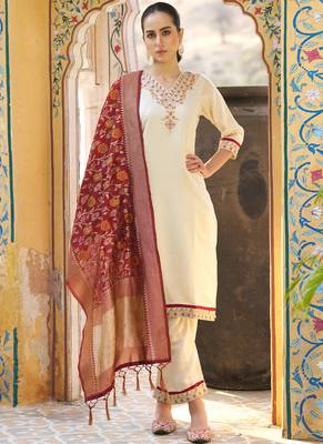 Cream embroidered blend silk salwar suit 1