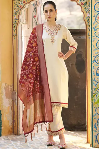Cream embroidered blend silk salwar suit