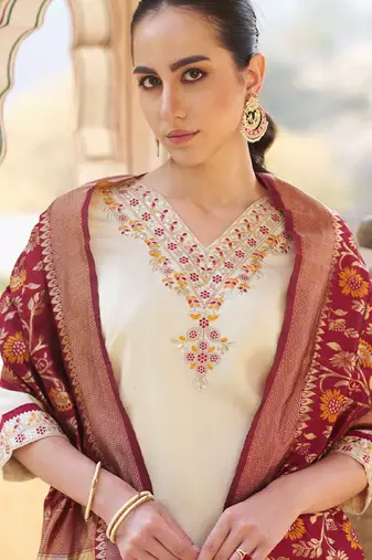 Cream embroidered blend silk salwar suit