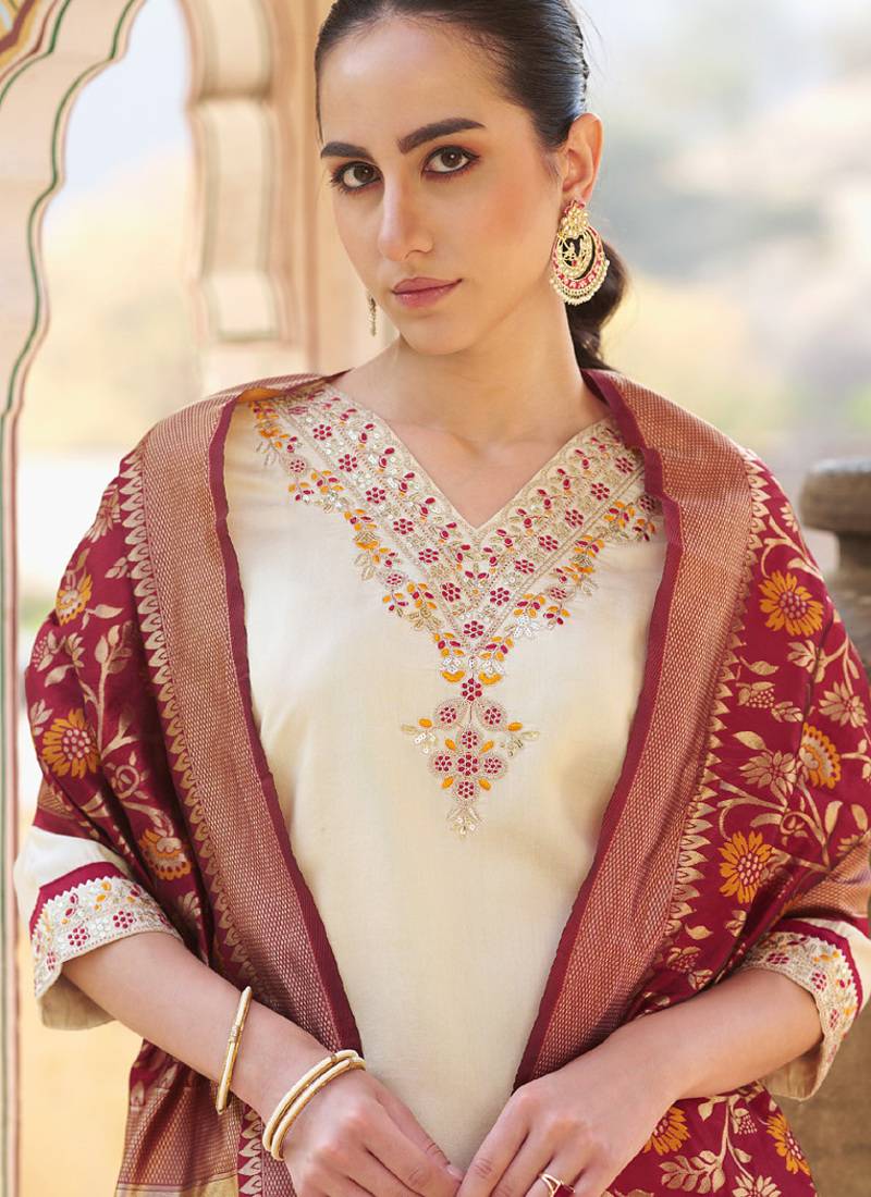 Cream embroidered blend silk salwar suit